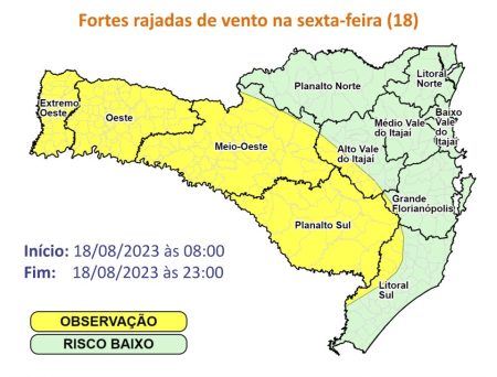 Defesa Civil do Estado alerta para fortes rajadas de vento nesta sexta em Santa Catarina