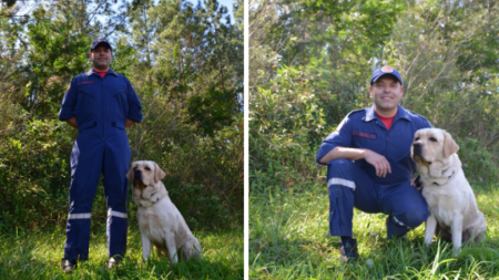 Em operação de socorro no RS, bombeiro e cão ajudam nas buscas em Itapema