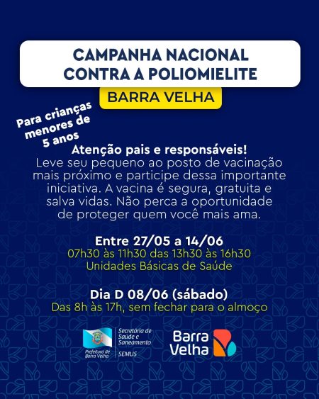 Barra Velha dará início a Campanha Nacional de Vacinação contra a poliomielite