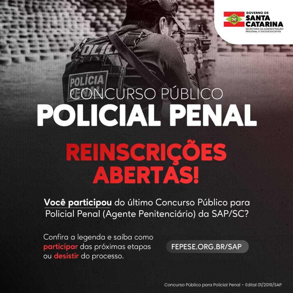 SC reabre inscrições para policiais penais remanescentes do concurso da SAP