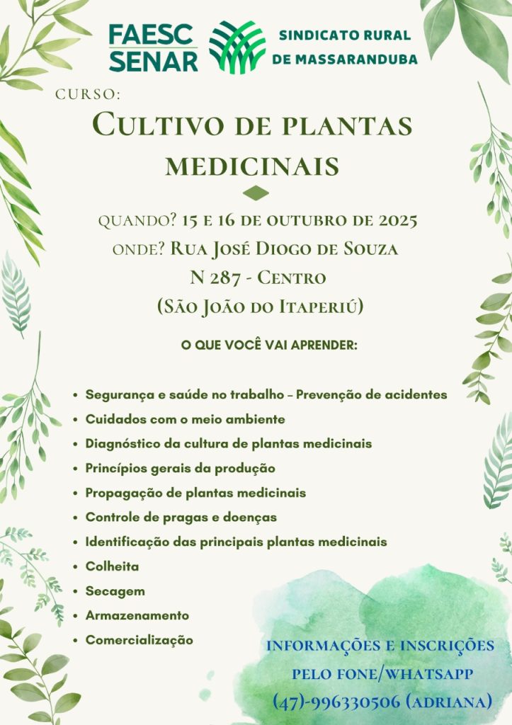 São João do Itaperiú promove curso sobre cultivo de plantas medicinais nos dias 15 e 16 de outubro